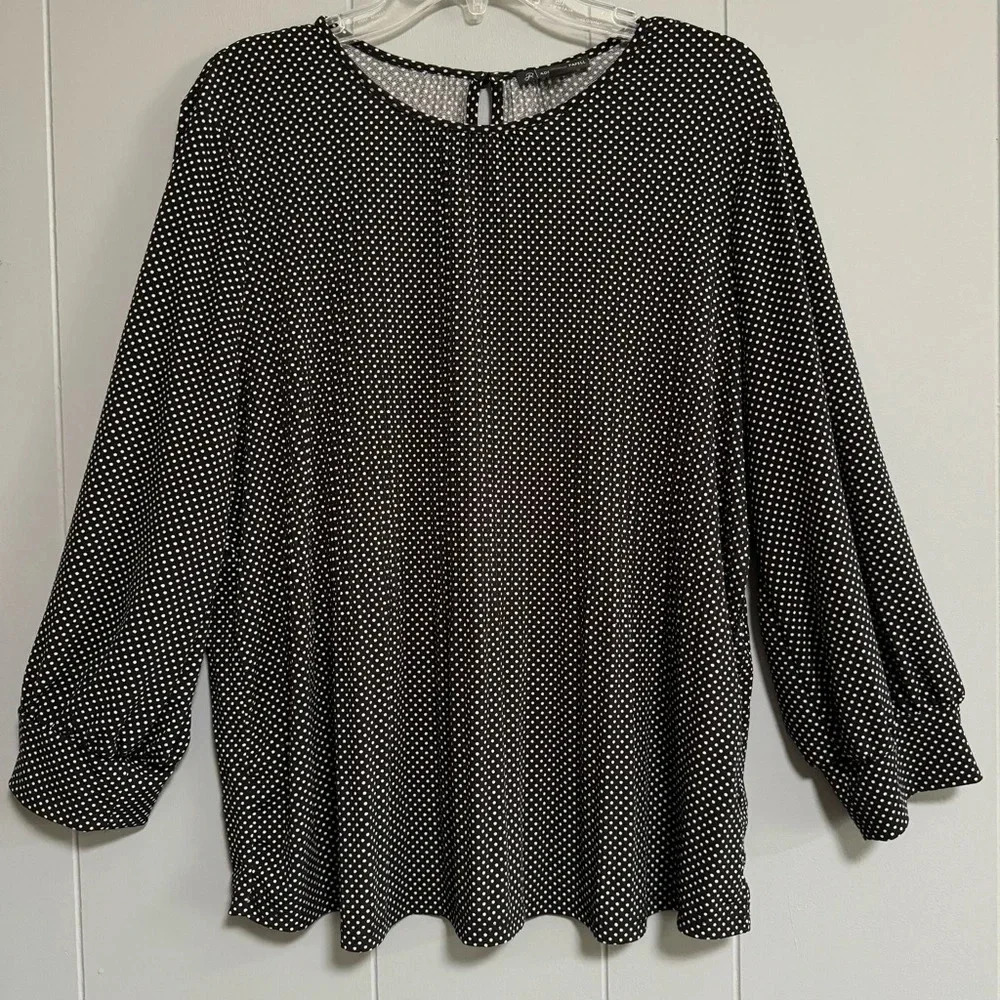 ADRIANNA PAPELL Micropleated Black and White Polka Dot 3/4 Sleeve Blouse Size XL